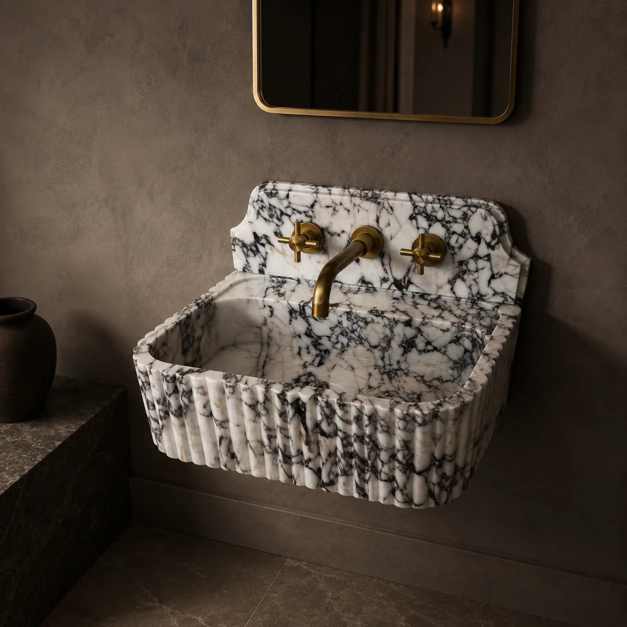 Calacatta Viola Marble Sink – Hand-Carved Natural Stone Vanity Basin with Wall-Mounted Back Panel