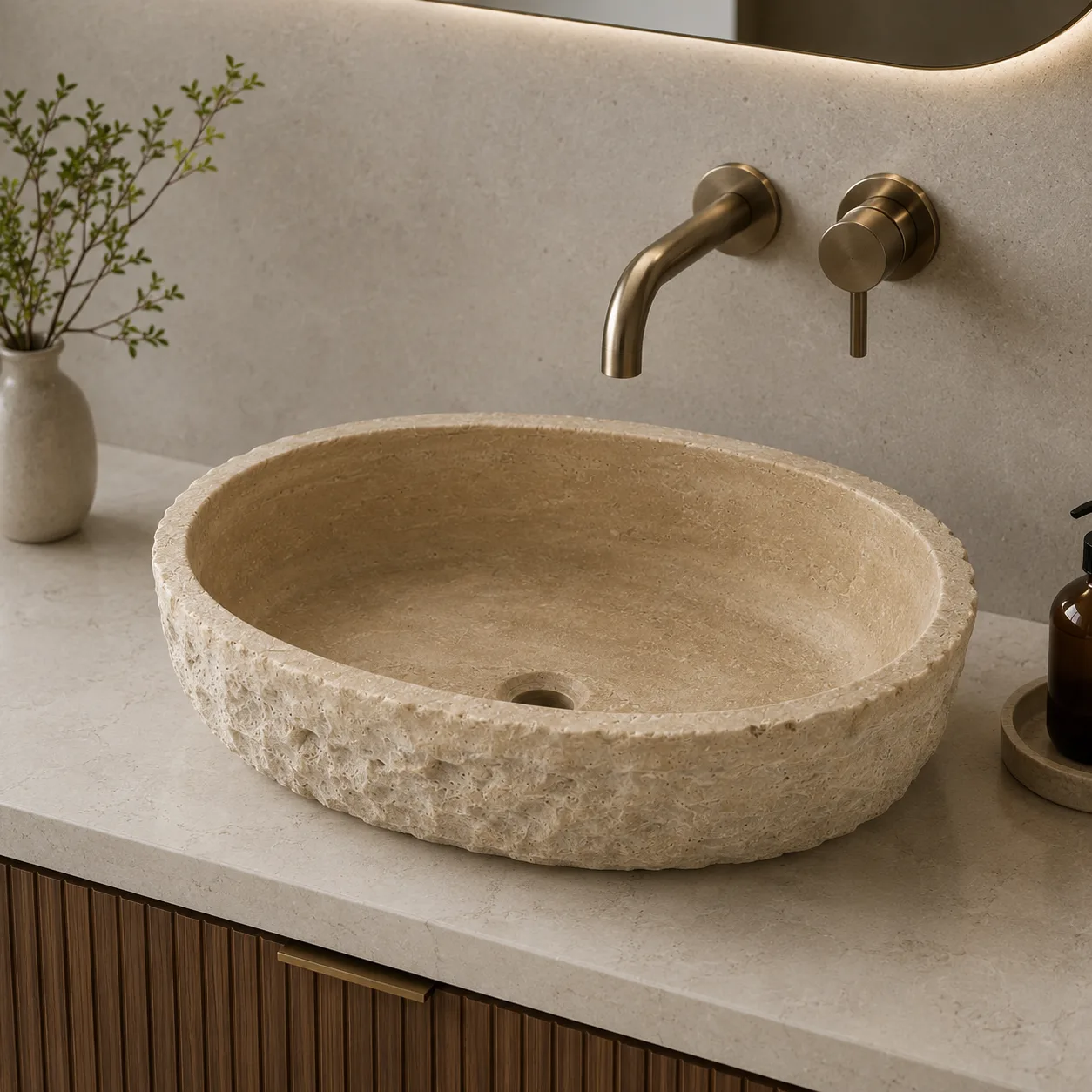 Rustik Tasarım Doğal Kırma Yüzeyli Oval Traverten Lavabo
