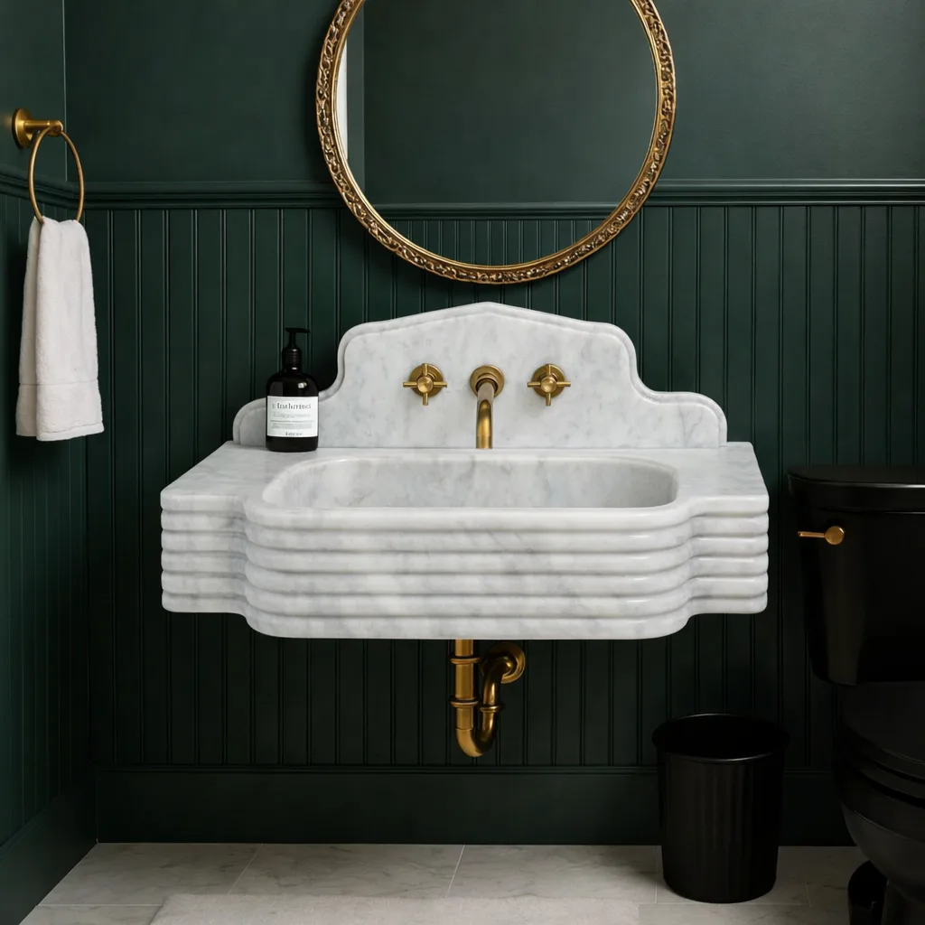 El Oyması Beyaz Carrara Mermer Lavabo – Yivli Duvara Monte Lüks Doğal Taş Banyo Lavabosu
