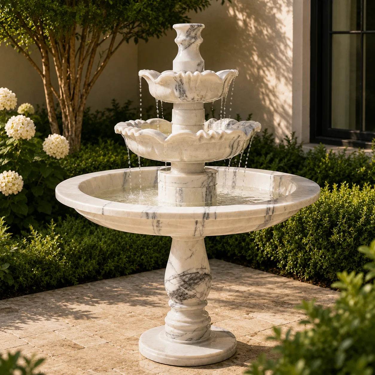 Distinctly Veined Three-Tiered White Marble Fountain