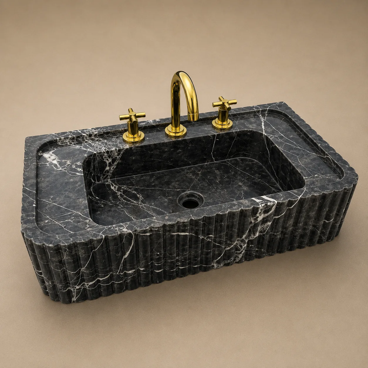 Nero Marquina Mermer Lavabo – El Oyması Yivli Siyah Doğal Taş Duvara Monte Banyo Lavabosu