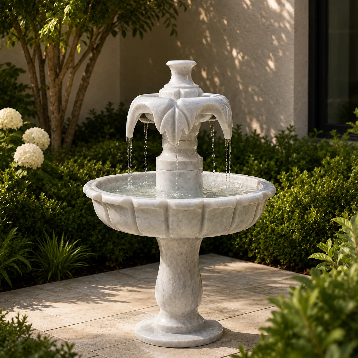 Two-Tiered Botanical Motif White Marble Fountain
