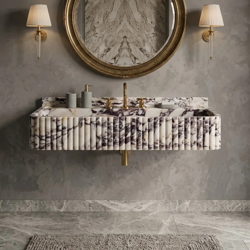 Calacatta Viola Mermer Lavabo ve Tezgah Arkası Kaplaması, Eşsiz Mermer Lavabo, Özel Ölçülerde El Oyması Viola Mermer Lavabo, Banyo Dolabı