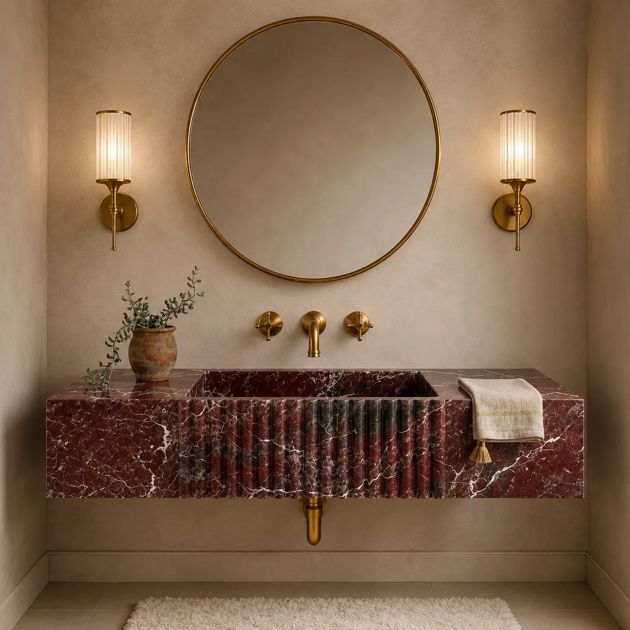 Rosso Levanto Marble Sink – Hand-Carved Rectangular Natural Stone Bathroom Vanity