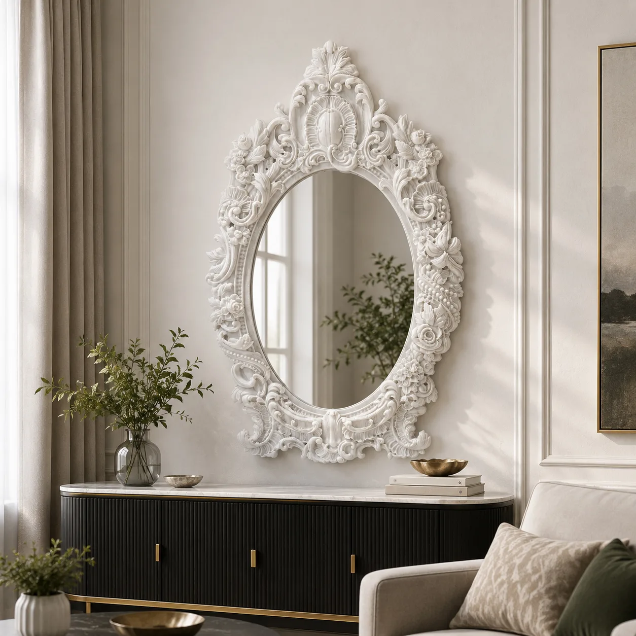 Custom-Designed Carrara White Marble Baroque Mirror Frame