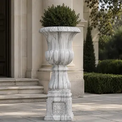 Handcrafted Classic Pedestal Premium Marble Planter 1 set of 2 pieces