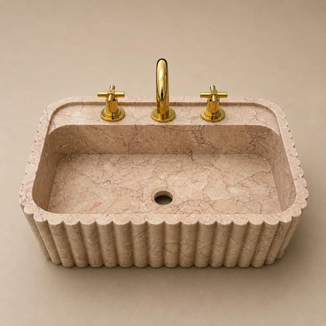 El Oyması Pembe Mermer Lavabo – Yivli Kenarlı Lüks Doğal Taş Banyo Lavabosu