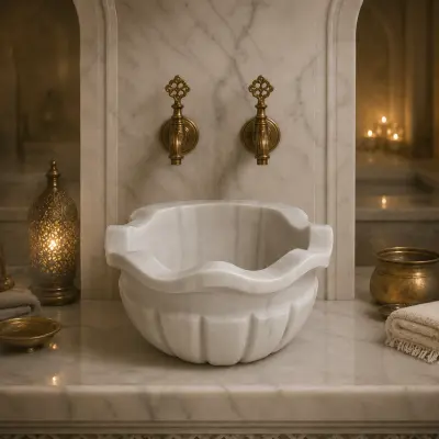 White Marble Hammam Basin with Fluted Melon-Slice Design