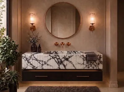Calacatta Viola Monolitik Mermer Entegre Lavabo – Lüks El İşçiliği Asma Banyo Tezgahı