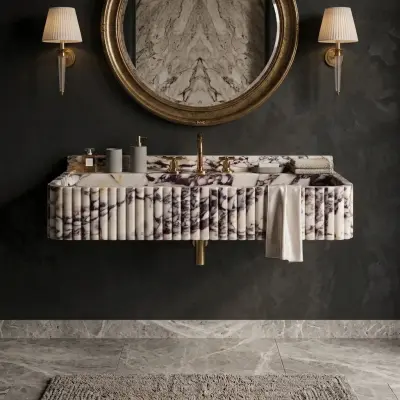 Calacatta Viola Marble Sink and Backsplash, Unique Marble Basin, Custom Size Hand Carved Viola Marble Sink, Bathroom Vanity