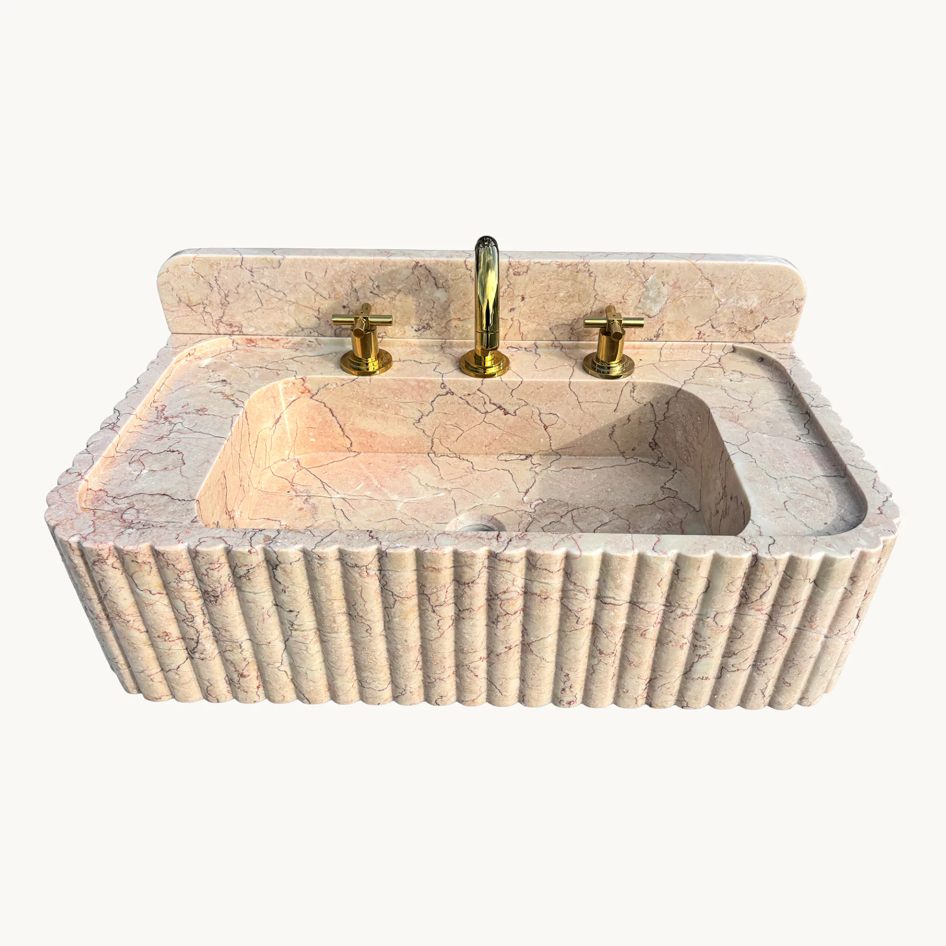 Pink Beige Marble Sink – Hand-Carved Fluted Wall-Mounted Natural Stone Vanity Basin