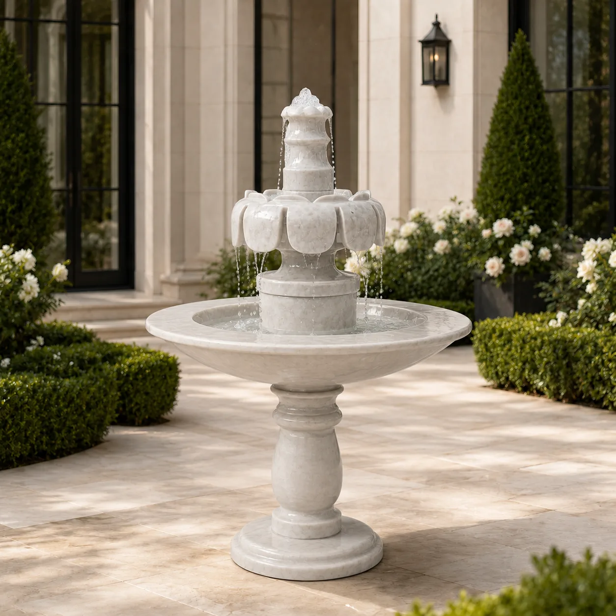 Hand-Carved Petal Motif Two-Tiered White Marble Fountain