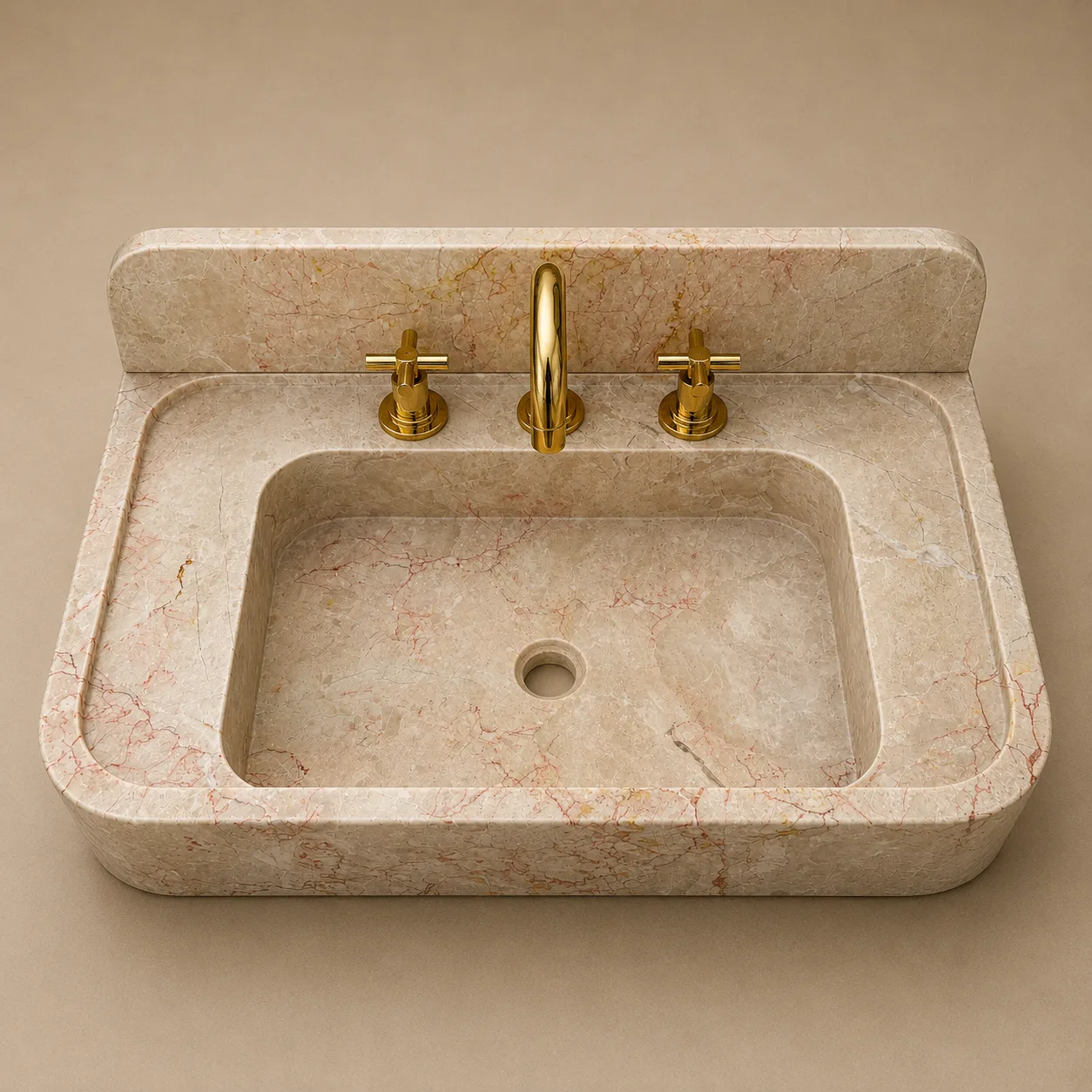 Pink Beige Marble Wall-Mounted Sink – Hand-Carved Natural Stone Vanity Basin with Integrated Back Panel