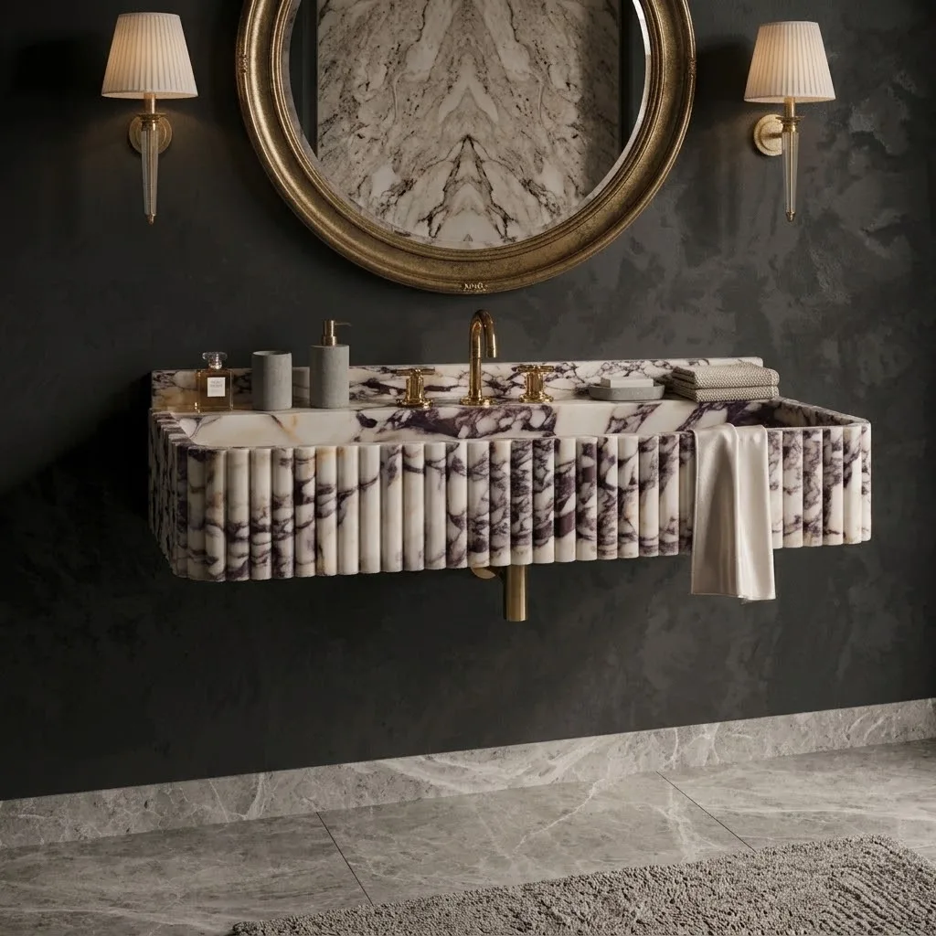 Calacatta Viola Mermer Lavabo ve Tezgah Arkası Kaplaması, Eşsiz Mermer Lavabo, Özel Ölçülerde El Oyması Viola Mermer Lavabo, Banyo Dolabı