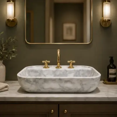 Hand-Carved Carrara Marble Sink – Rectangular Vanity Basin with Rounded Corners
