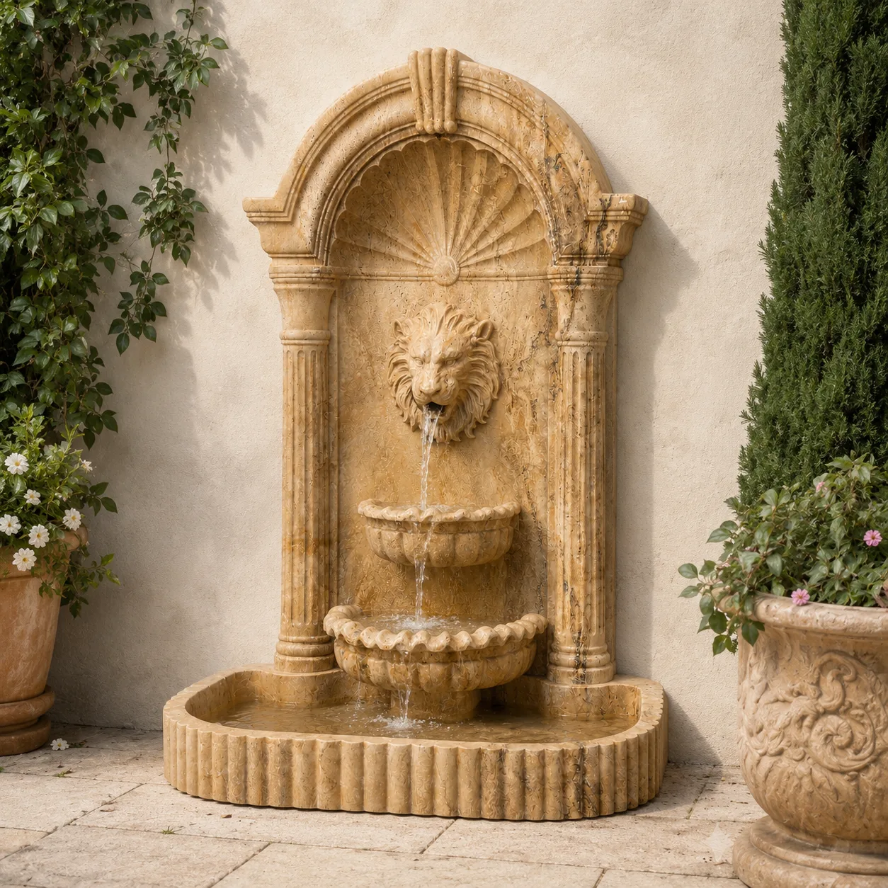 Lion Head Natural Travertine Tiered Wall Fountain