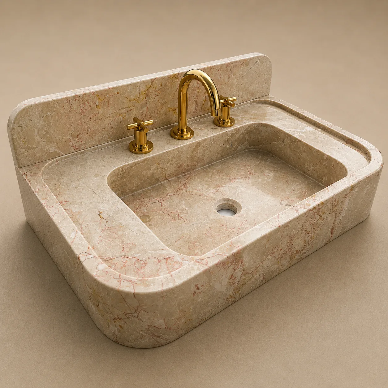 Pink Beige Marble Wall-Mounted Sink – Hand-Carved Natural Stone Vanity Basin with Integrated Back Panel