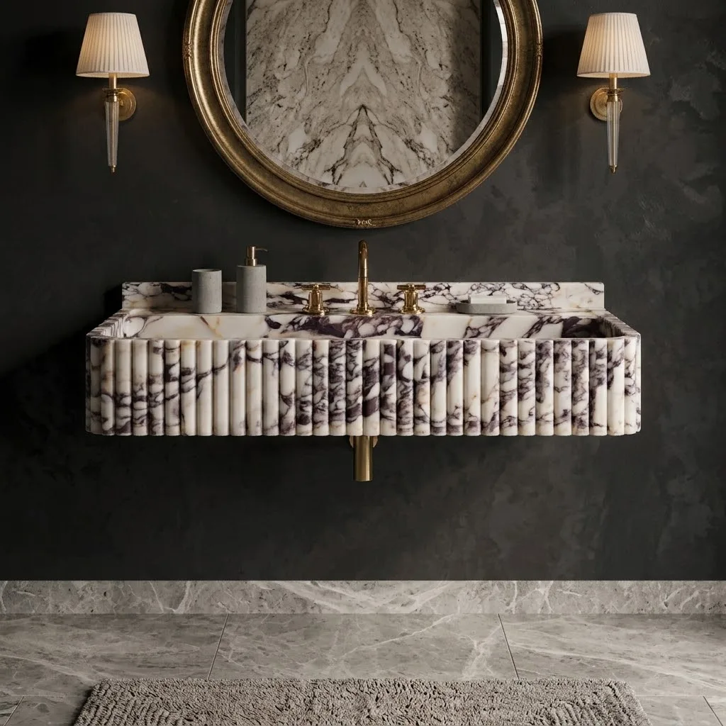Calacatta Viola Mermer Lavabo ve Tezgah Arkası Kaplaması, Eşsiz Mermer Lavabo, Özel Ölçülerde El Oyması Viola Mermer Lavabo, Banyo Dolabı