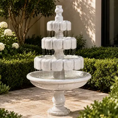 Four-Tiered Geometric Motif White Marble Fountain