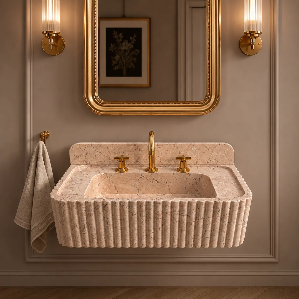 Pink Beige Marble Sink – Hand-Carved Fluted Wall-Mounted Natural Stone Vanity Basin