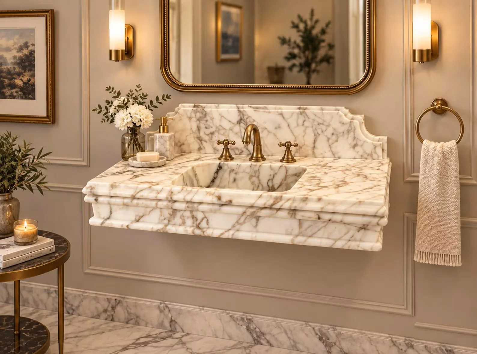 Calacatta Viola marble floating bathroom sink with integrated basin and backsplash, luxury marble sink