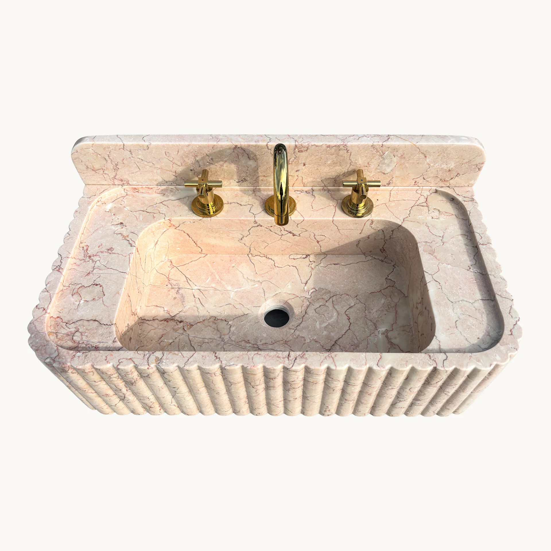 Pink Beige Marble Sink – Hand-Carved Fluted Wall-Mounted Natural Stone Vanity Basin