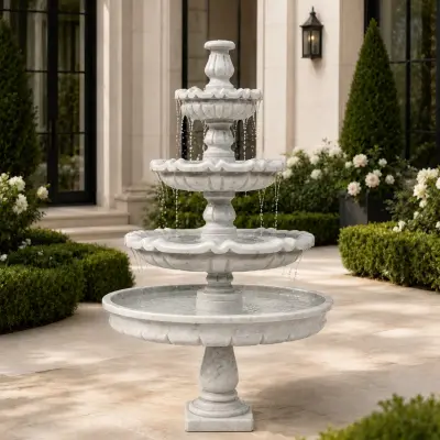 Classic Three-Tiered White Marble Garden Fountain