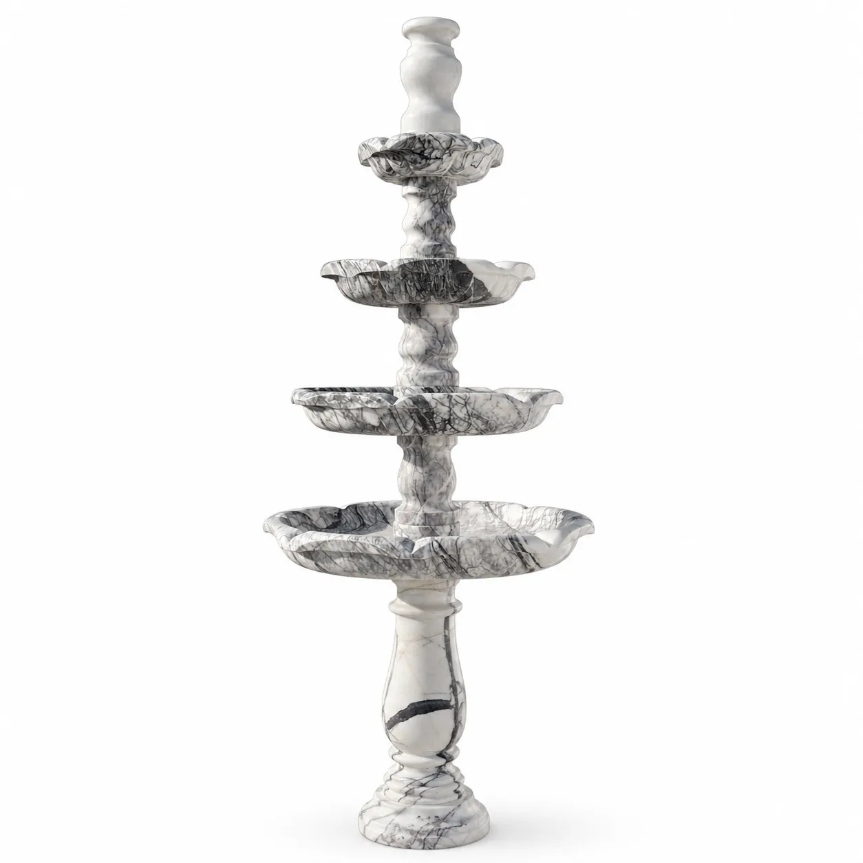 Heavily Veined Four-Tiered Classic Marble Fountain