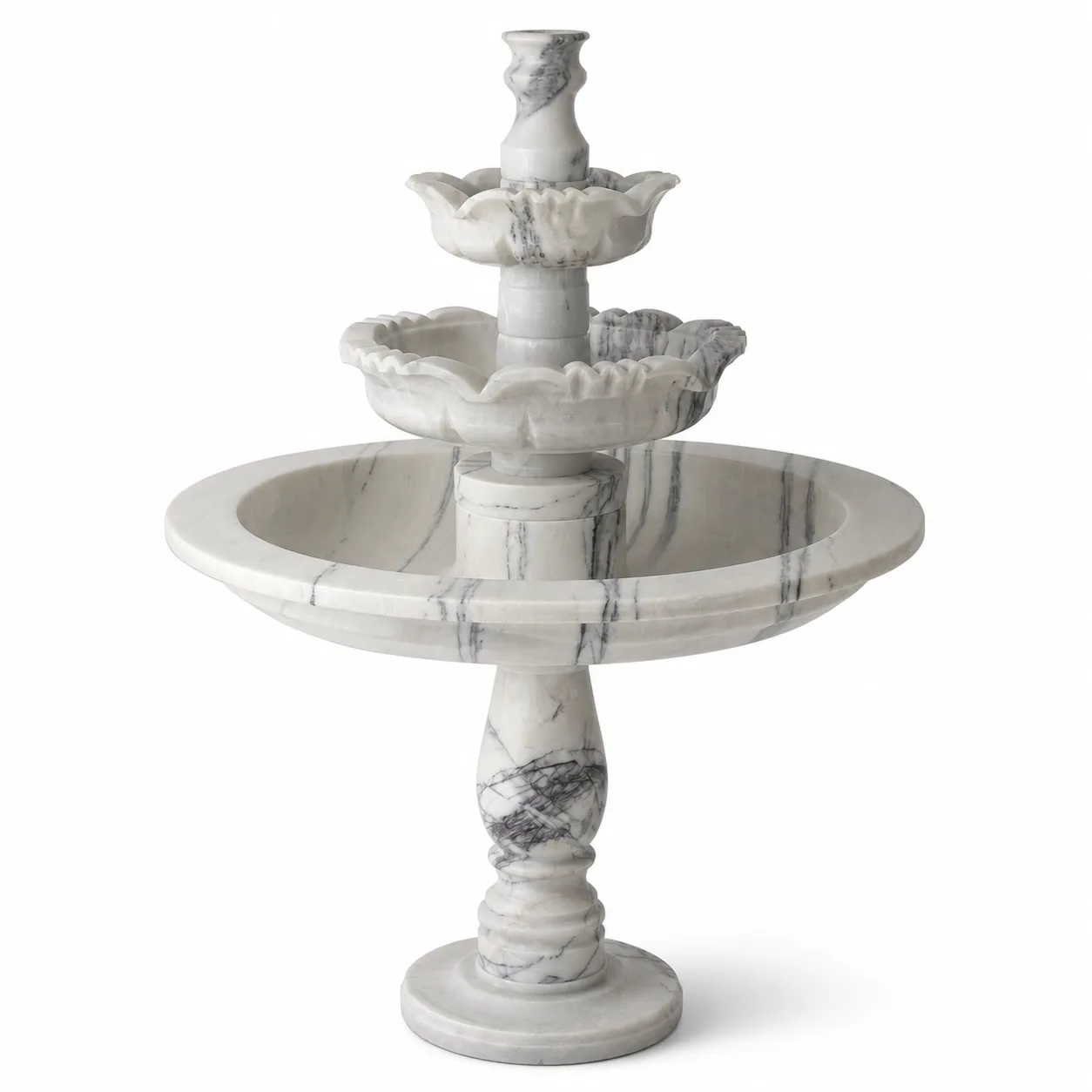 Distinctly Veined Three-Tiered White Marble Fountain