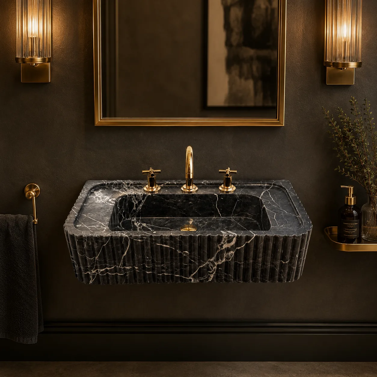 Nero Marquina Mermer Lavabo – El Oyması Yivli Siyah Doğal Taş Duvara Monte Banyo Lavabosu