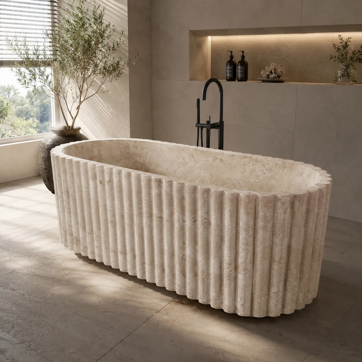 Fluted Design Travertine Bathtub