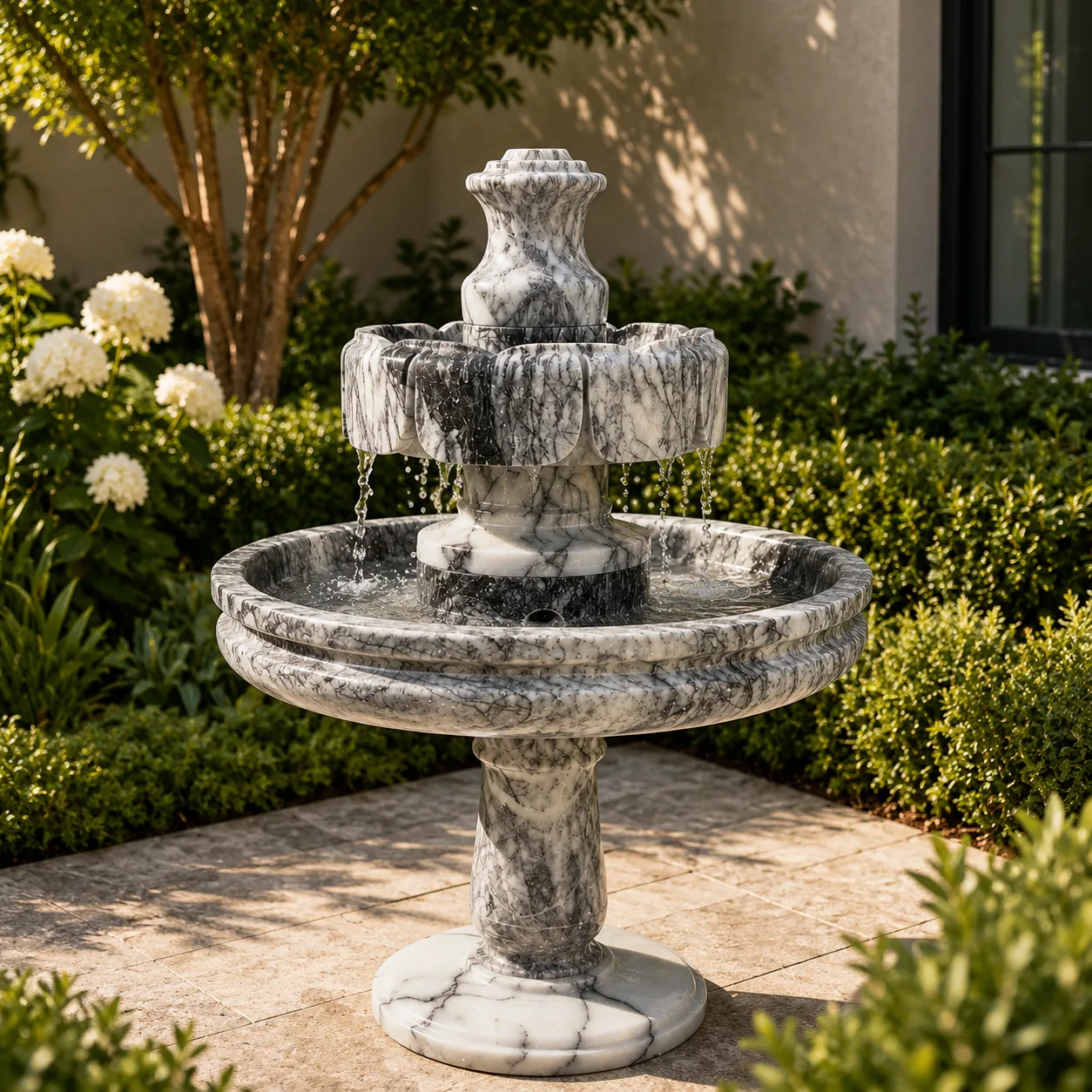 Heavily Veined Grey-White Marble Two-Tiered Fountain