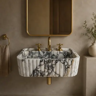 Hand-Carved Calacatta Viola Marble Sink – Polished Natural Stone Bathroom Vanity Basin