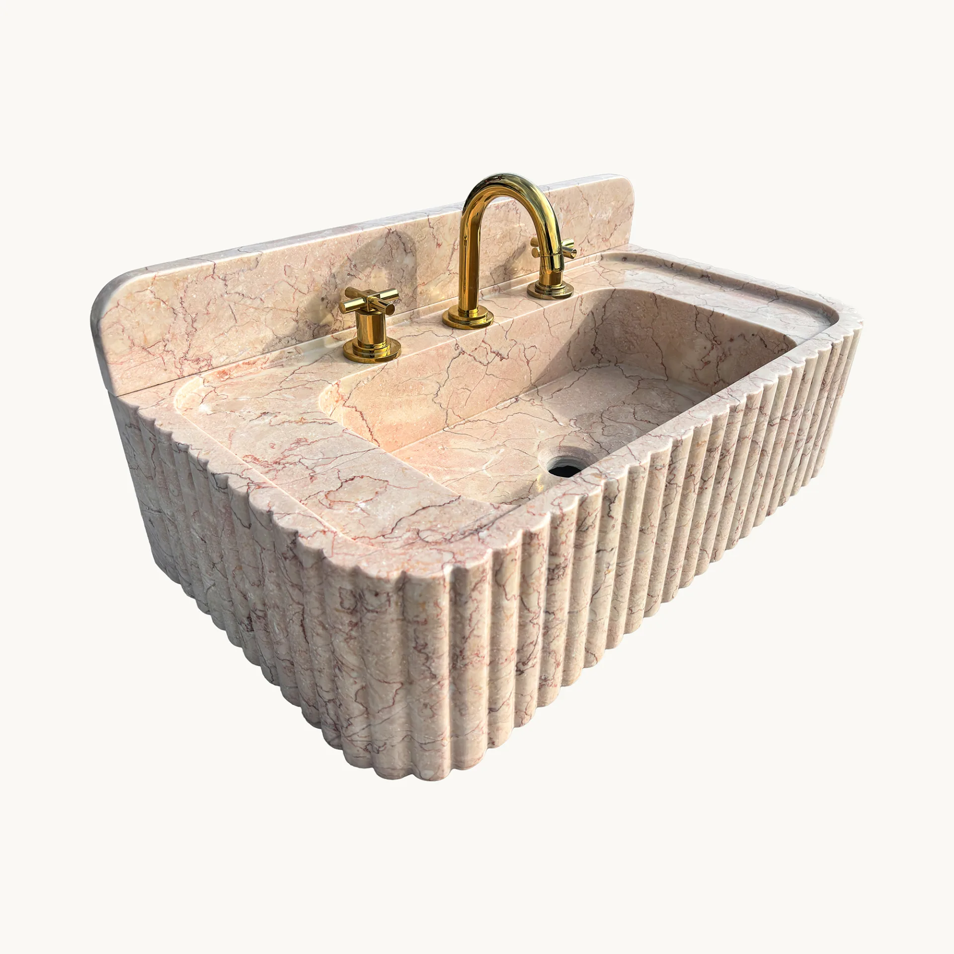 Pink Beige Marble Sink – Hand-Carved Fluted Wall-Mounted Natural Stone Vanity Basin
