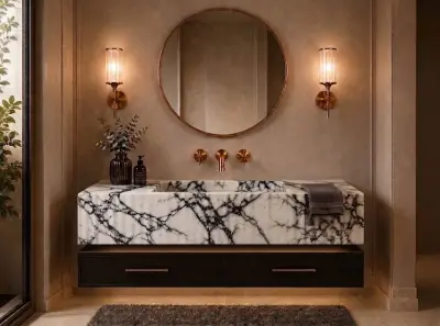 Calacatta Viola Monolitik Mermer Entegre Lavabo – Lüks El İşçiliği Asma Banyo Tezgahı