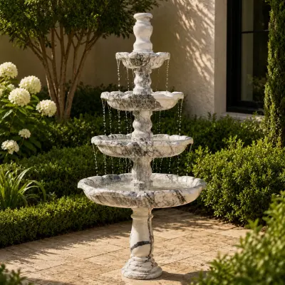 Heavily Veined Four-Tiered Classic Marble Fountain