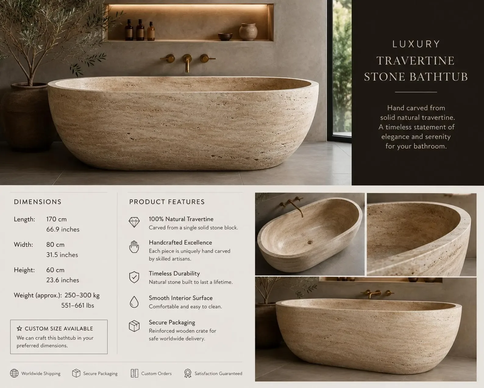 Natural Travertine Bathtub – Handcrafted Freestanding Natural Stone Tub