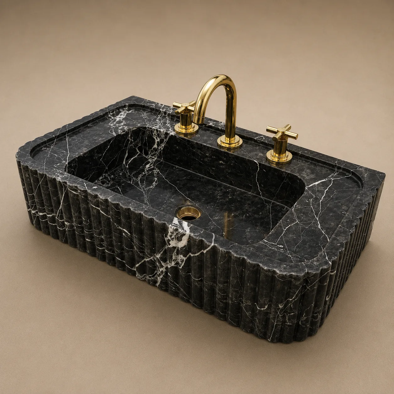 Nero Marquina Mermer Lavabo – El Oyması Yivli Siyah Doğal Taş Duvara Monte Banyo Lavabosu