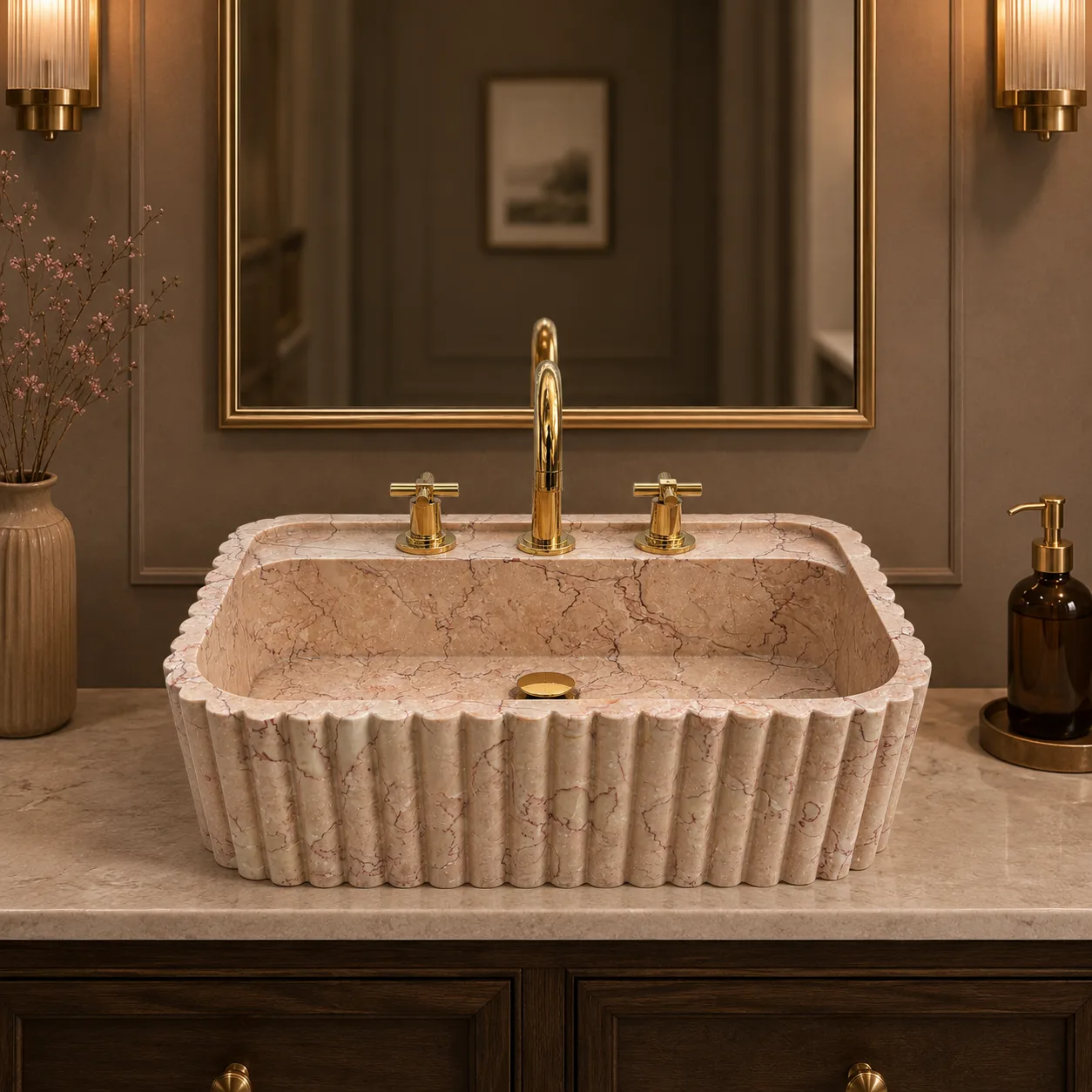 El Oyması Pembe Mermer Lavabo – Yivli Kenarlı Lüks Doğal Taş Banyo Lavabosu