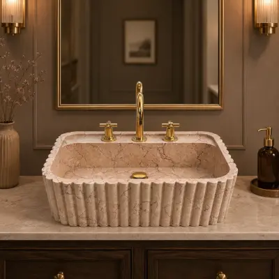 Hand-Carved Pink Marble Sink – Fluted Wall-Mounted Luxury Bathroom Vessel Basin