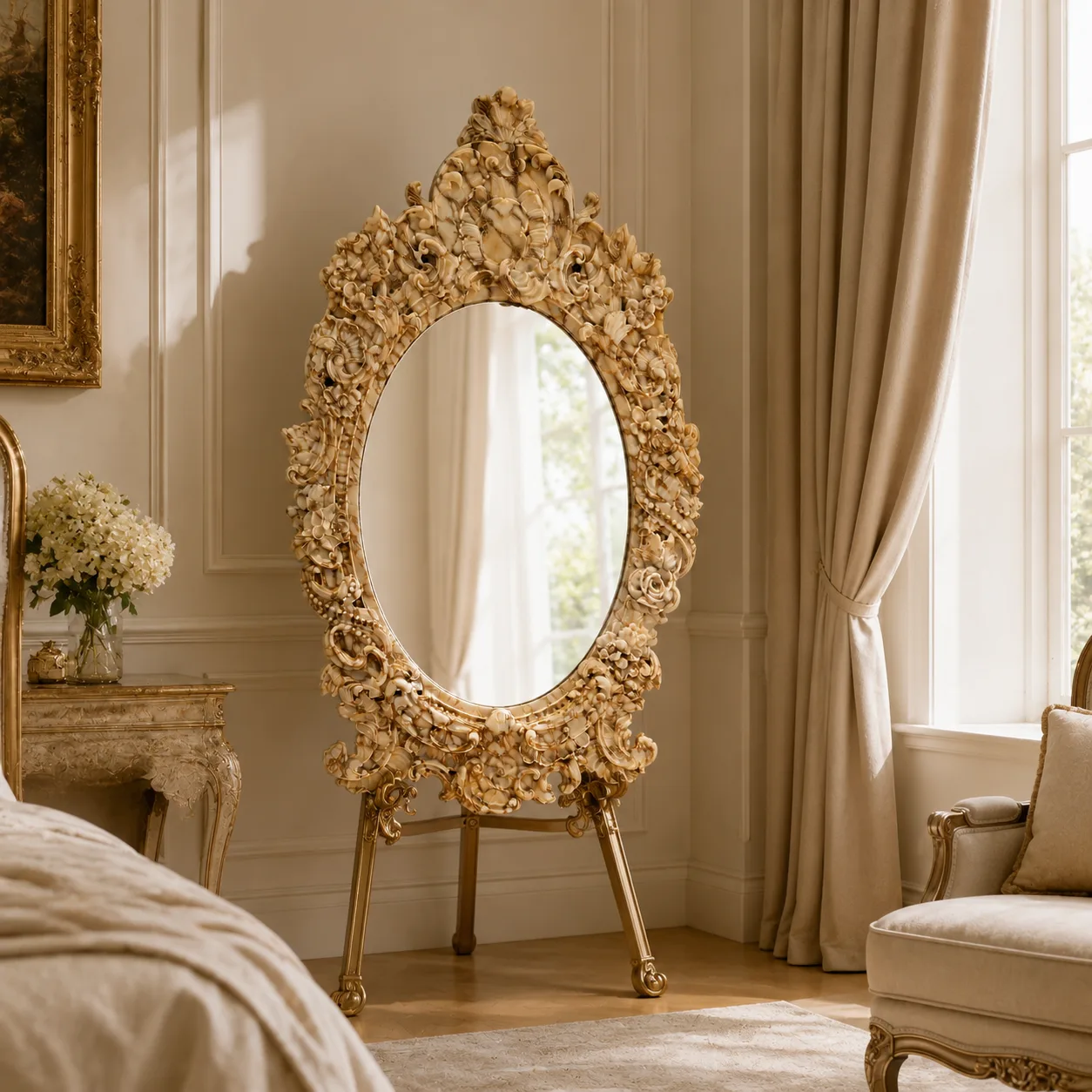 Custom-Designed Calacatta Gold Natural Stone Baroque Mirror and Frame