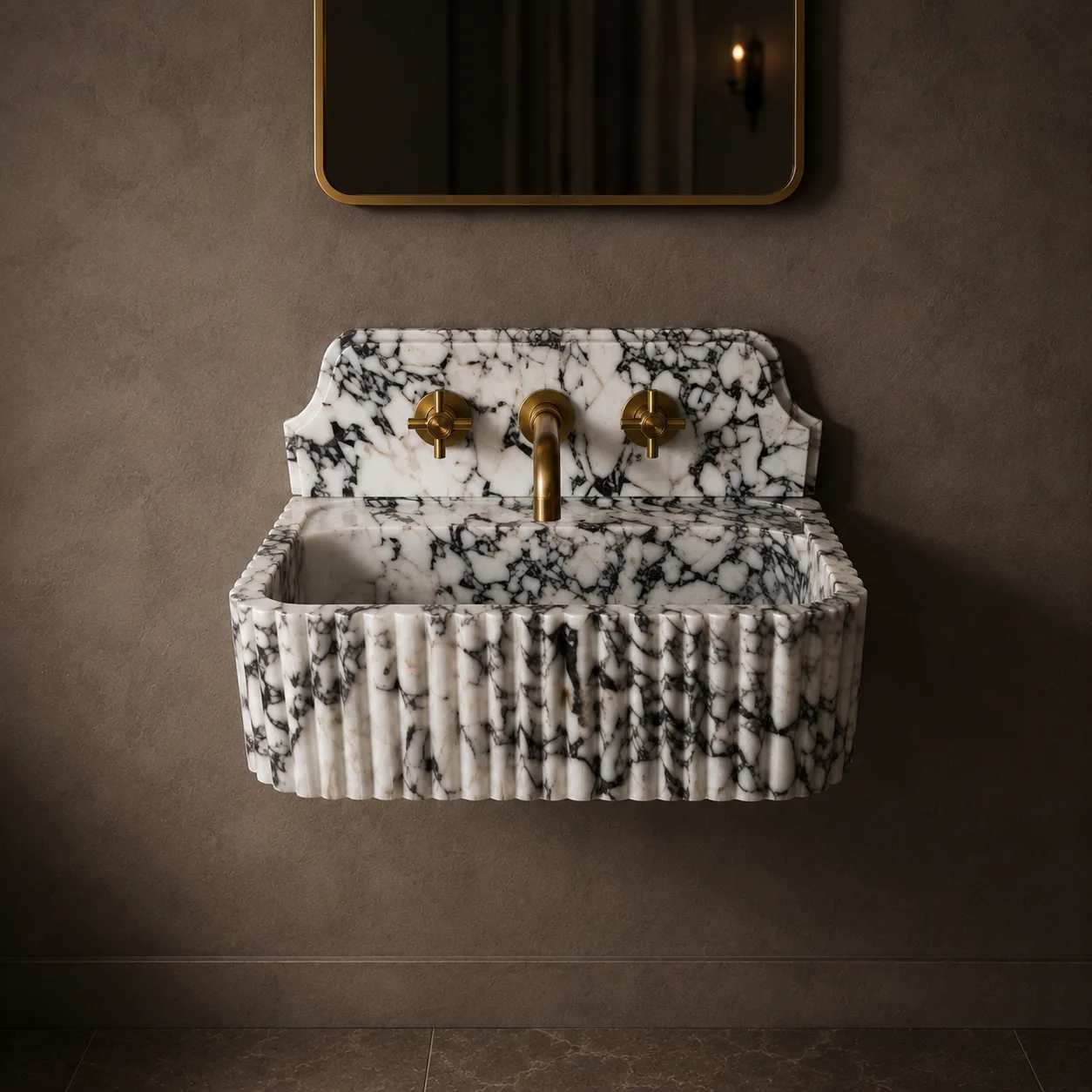 Calacatta Viola Marble Sink – Hand-Carved Natural Stone Vanity Basin with Wall-Mounted Back Panel