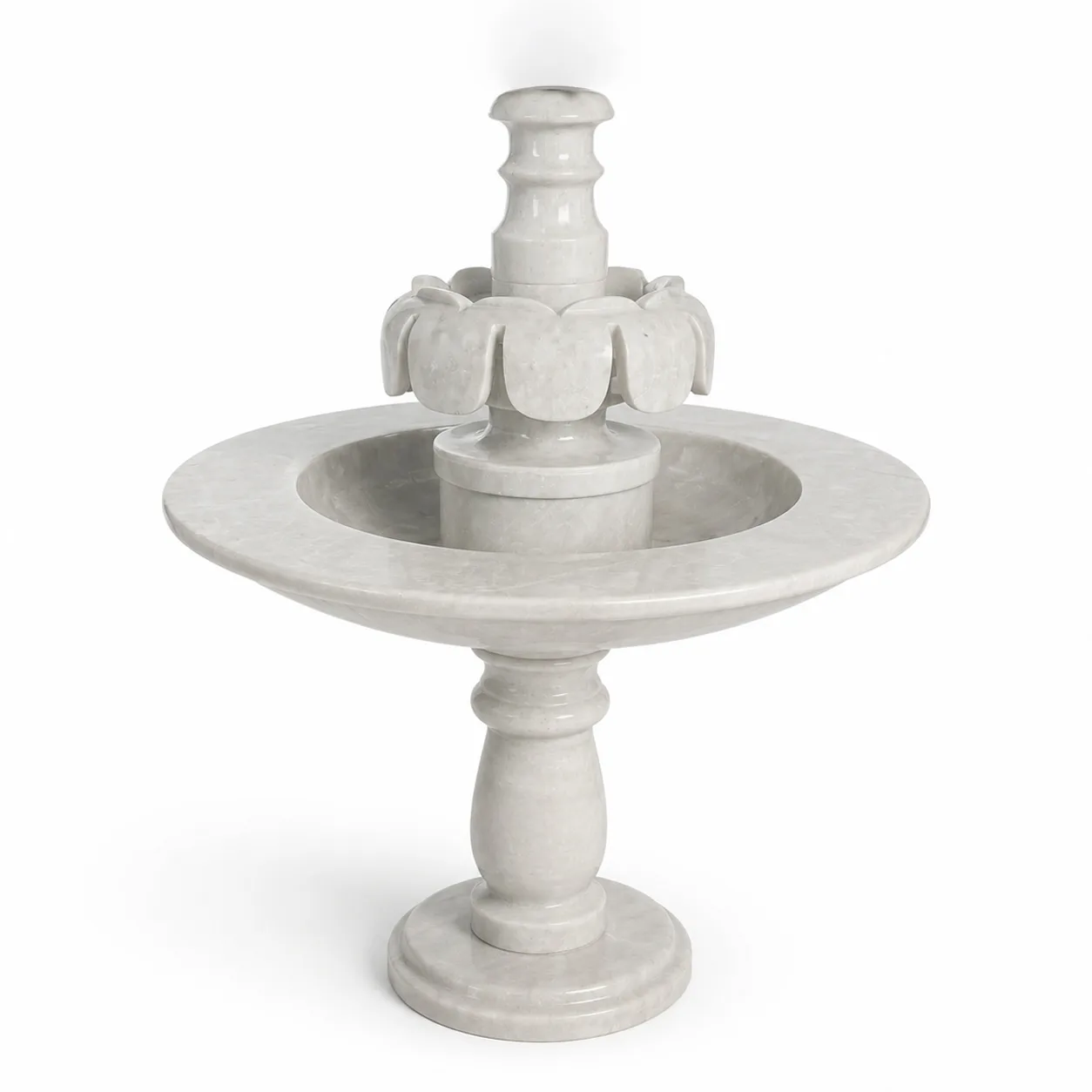 Hand-Carved Petal Motif Two-Tiered White Marble Fountain