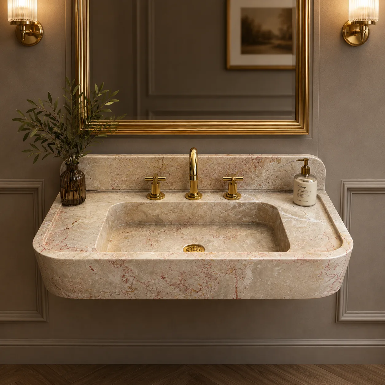 Pink Beige Marble Wall-Mounted Sink – Hand-Carved Natural Stone Vanity Basin with Integrated Back Panel