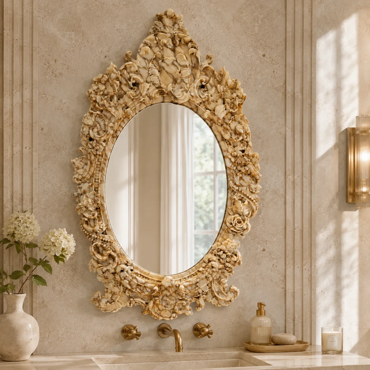 Custom-Designed Calacatta Gold Natural Stone Baroque Mirror and Frame