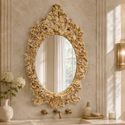 Custom-Designed Calacatta Gold Natural Stone Baroque Mirror and Frame