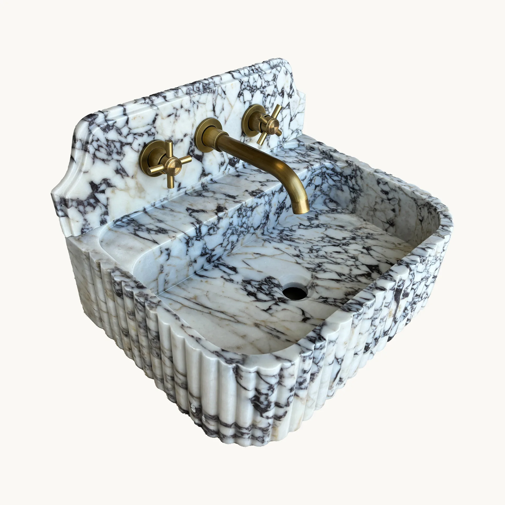 Calacatta Viola Marble Sink – Hand-Carved Natural Stone Vanity Basin with Wall-Mounted Back Panel
