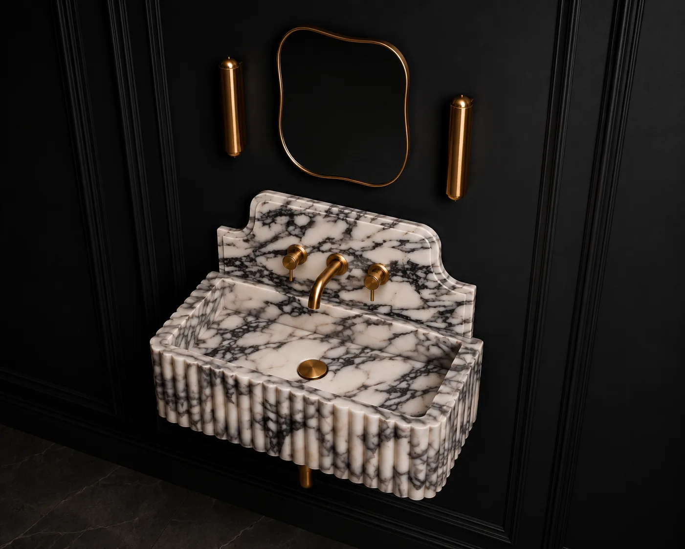 Calacatta Viola Marble Wall Mounted Sink | Luxury Fluted Bathroom Basin