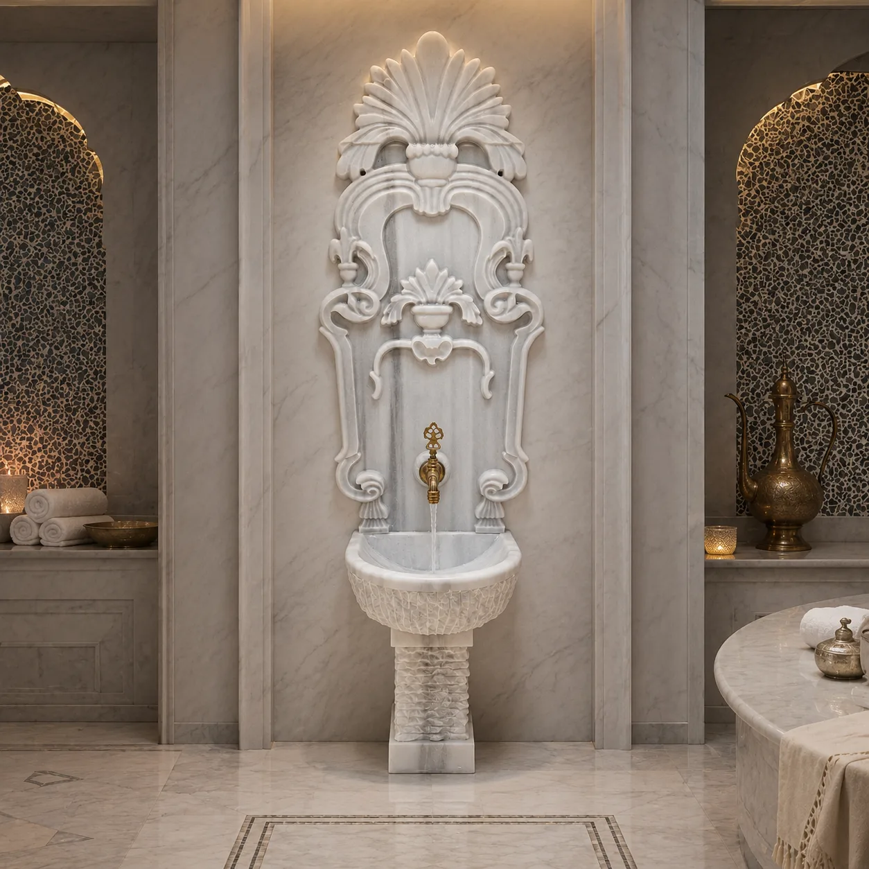 Hand-Carved Carrara White Marble Classic Wall Fountain
