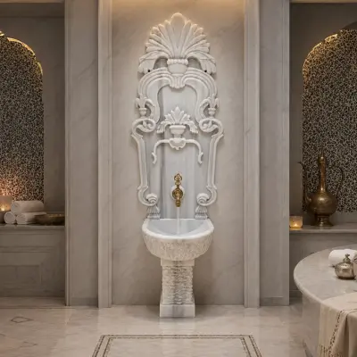 Hand-Carved Carrara White Marble Classic Wall Fountain